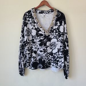 Vintage Ania A Silk Blouse Medium Velvet Burnout Top Embellished Beaded V-Neck